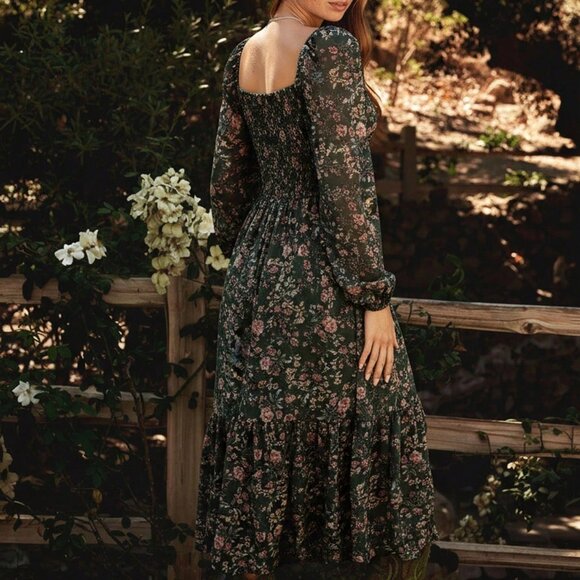 Dark Green Casual Women's Floral Midi Dress - Picture 2 of 6